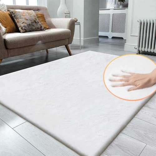 White Faux Rabbit Fluffy Fur Area Rugs for Bedroom Living Room Machine Washable Shag Rug 4x6 Nursery Rug Teen Room Decor