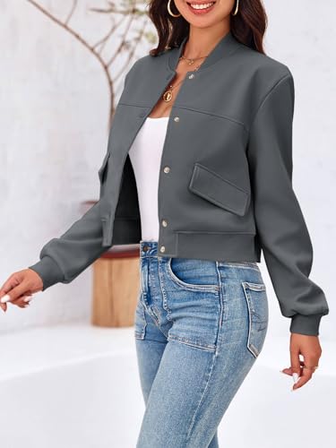 Image of Tankaneo Womens Cropped Bomber Jackets Casual Button Down Long Sleeve Stand Collar Varsity Shacket Coats