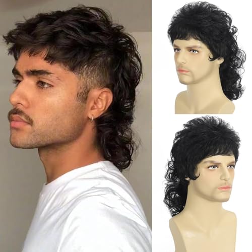 Sabosi Black Curly Mullet Wig for Men Halloween Punk Rocker
