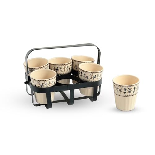 Image of ExclusiveLane 'Warli Tales' Ceramic Tea Glasses Set of 6 with Iron Holder (Set of 6, Each Glass Capacity : 130 ml, Handcrafted) | Cearmic Tea Cups Set Chai Tea Glasses for Tea Chai Cups