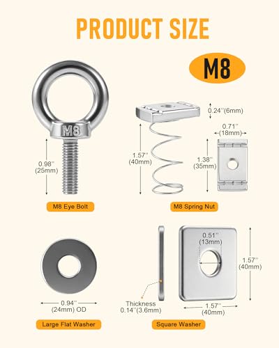Image of Strut Channel Nut and Eye Bolt Set - Heavy Duty Stainless Steel Eye Bolts M8, M10 | Zinc Plated Spring Nuts, Long Spring for Unistrut, M8, Pack of 4