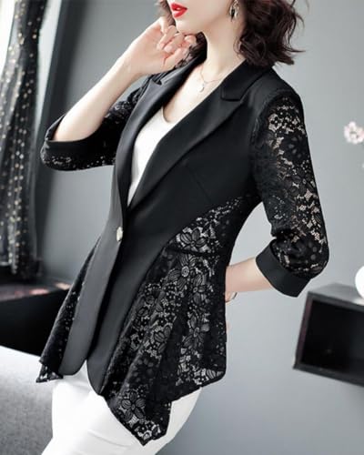 Women's Thin See Through Lace Hollow Stitching One Button Casual Suit Jacket4