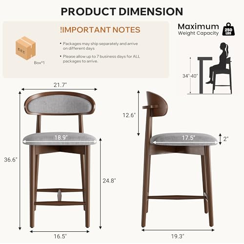 Image of Counter Height Bar Stools Set of 2, Upholstered Kitchen Bar Stools with Back, Mid Century Modern Counter Stools with Wood Legs for Kitchen Island Dining Room Bar, Khaki