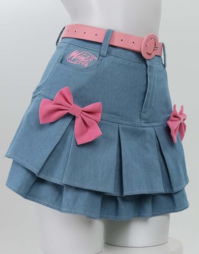 Women's Mini Skirt Y2K High Waist Blue Denim Casual Fitted Hem Layered Skirt with Knots and Belt2