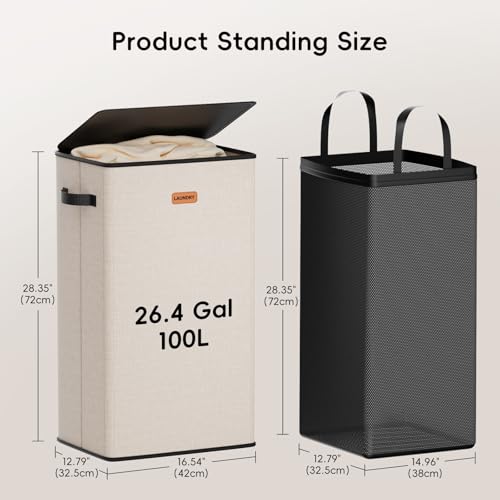Image of 100L Laundry Hamper with Lid, Large Clothes Hampers with Removable Bag, Collapsible Laundry Basket for Bathroom, Bedroom, Laundry Room, Dorm, Beige