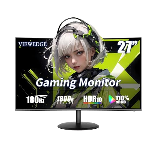 Image of Viewedge 27 inch Curved Gaming Monitor 180Hz 1ms 1080p Computer Monitor | 1800R VA Screen, 120% sRGB with FreeSync, Low Motion Blur, HDMI & DP, Built-in Speakers