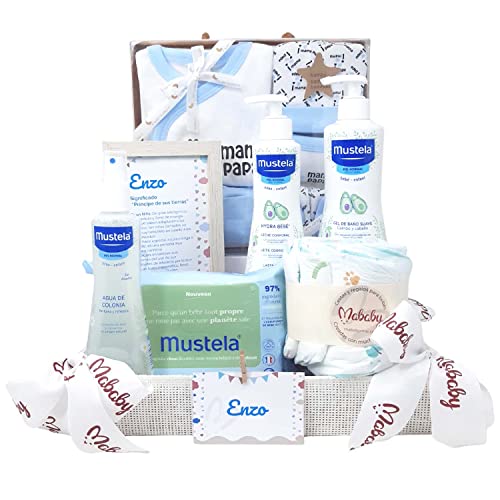 Mababyshop, Cesta Bebé Hello!, Canastilla de Bebe con Set de Primera Puesta, Gel y Locion Hidratante para Bebe, Colonia, Toallitas, y Marco con Nombre, Cesta Bebé Regalo Original… (Azul)