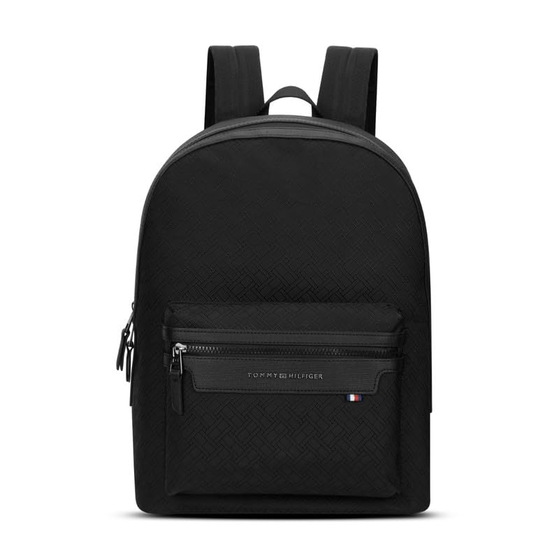 Image of Tommy Hilfiger Unisex Laptop Backpack Flexon - Black | 14 inch Padded Tech Sleeve | Eva Laminated Jacquard Twill With Rwb Webbing & File Organiser | Backpack For Office, College & Work | 23L Capacity