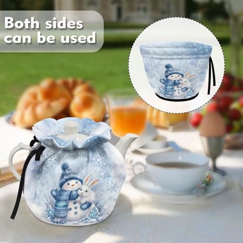 Image of Snowman Rabbit Print Teapot Cozy Breakfast Warmer Soft Fabric Dustproof Tea Pot Cozies Easy to Clean and Portable Christmas Decoration for Home, Blue