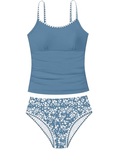 Image of Girls Swimsuit Solid Color Tankini Contrast Trim Swimwear 2 Piece Bathing Suit Padded Swimsuits for Teens 9-16Y