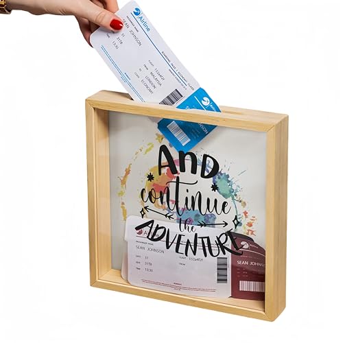 Caja de sombra de boletos de 8 x 8 pulgadas y continúa la aventura, marco decorativo para recuerdos con ranura de carga, para deportes, conciertos, películas o recuerdos de viaje