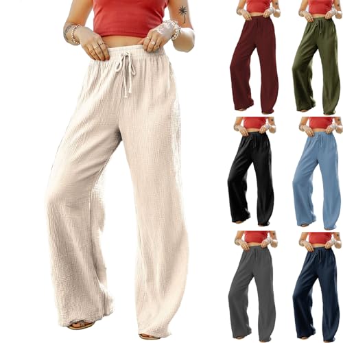 Wide Leg Linen Pant Woman Summer Beach Drawstring Elastic High Waist Palazzo Pant Cotton Linen Trousers with Pockets