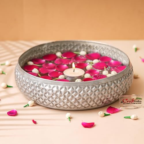 Image of eCraftIndia Floral Silver Metal Urli Bowl for Home Decoration Office Tv Unit Kitchen Showpiece for Good Luck | Urli for Floating Candles Flowers for Pooja Room Entryway Living Room Diwali Gift