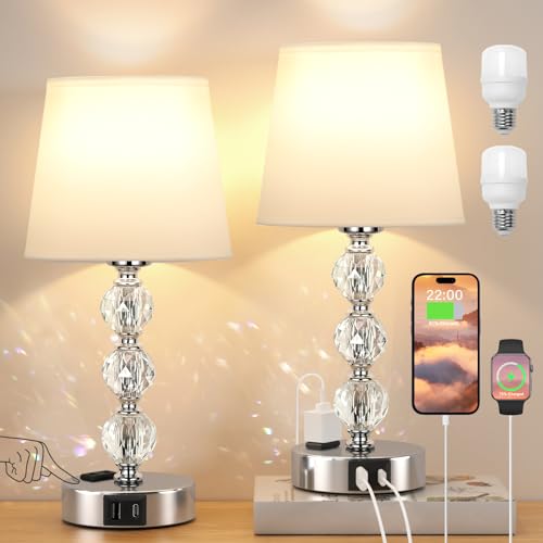 Kakanuo Lampe de Chevet Tactile avec Ports USB-A+C+Prise CA, 3 Intensité Variable, Lampe en Cristal Lot de 2, Abat-jour Blanc, Lampes de Table pour Chambre Salon D'enfant Bureau (Ampoules Incluse)