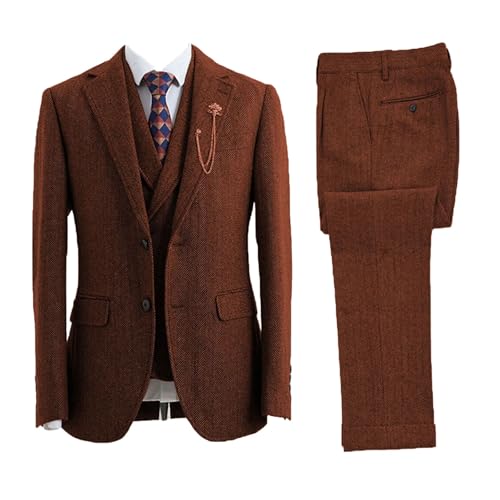 Men Elegant 3-Piece Herringbone Coarse Woolen Fabrics Customize Business Banquet Suit Coral Red