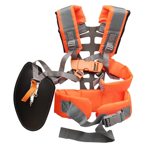 Arnés de desbrozadora, arnés universal ajustable acolchado, arnés de desbrozadora de gasolina con doble hombro, correa de hombro de nailon, arnés cortador de cepillo para césped de jardín