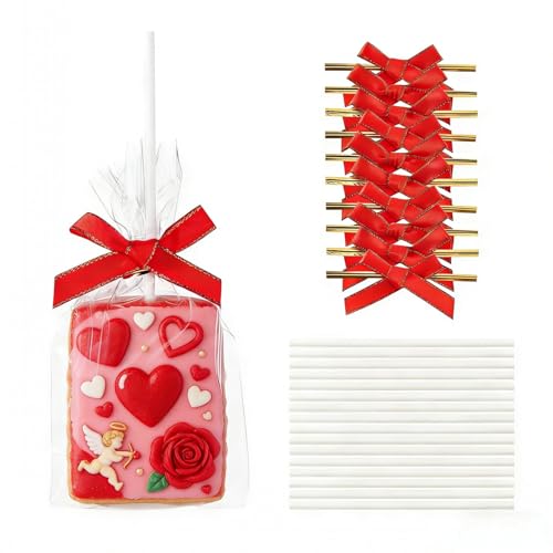 JCXGRVC 50pcs 4x6Inches Clear Rice Krispie Treat Bags with Sticks and Ties Bows Rice Kit Cakesicle Bags Individually Wrapped Packaging for Marshmallow Mcaron Pop Candy Apple Cookies Cake Ore Pop