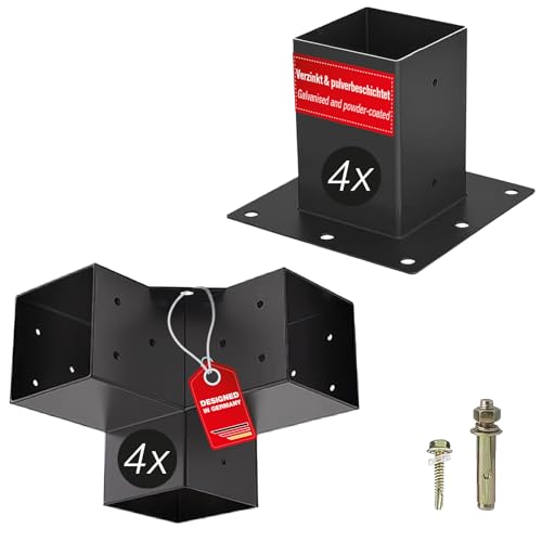 SOTECH Aufbau SET 8-tlg (4x Eckverbinder + 4x Bodenhülse) vierkant 100 x 100 mm Stahl verzinkt und schwarz pulverbeschichtet für höchsten Korrosionsschutz, Pfostenanker für Alu und Holz-Konstruktionen