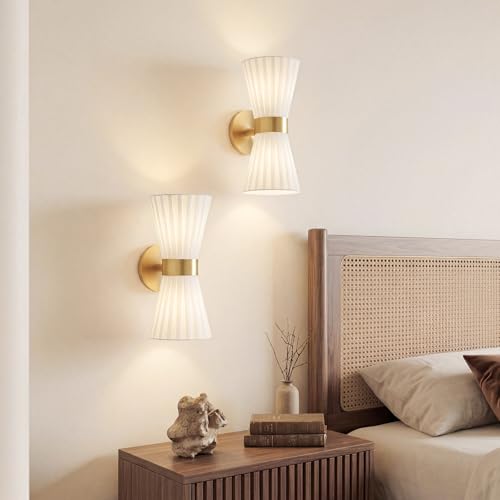 Image of Gold Wall Sconces Set of 2, Milk White Pleated Fabric Shade | Hardwired, Wall Light Fixtures, Up Down Wall Mount for Living Room Bedside