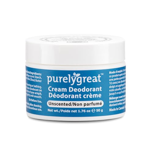 Purelygreat Cream Deodorant, Aluminum-Free, Long Lasting Odor Control, Vegan, Cruelty-Free Natural Deodorant for Women & Men, Contains No Chemicals, Parabens, or BPA, Unscented, 1.76oz