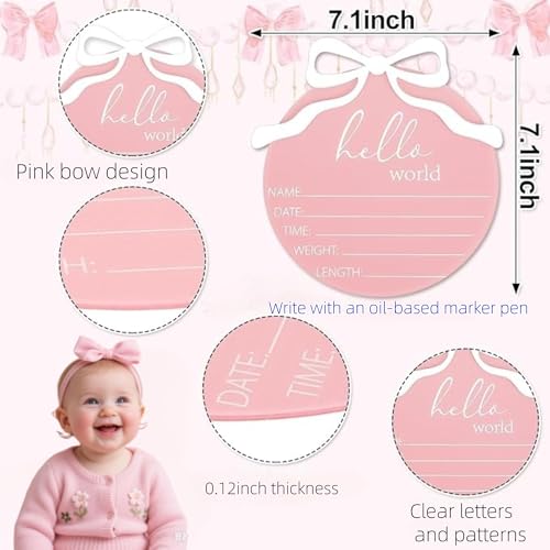 Hello World Newborn Sign for Girl, Acrylic Pink Bow Baby Birth Announcement Sign, Newborn Babe Name Sign for Hospital
