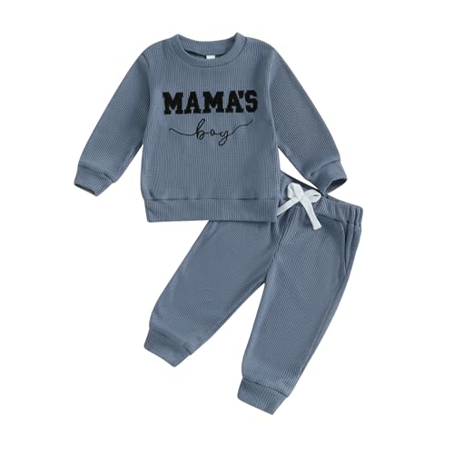 Carolilly Toddler Baby Boys Outfits Letter Embroidery Long Sleeve Crew Neck T-Shirt Sweatshirts+Elastic Waistband Pants 2PCs Fall Outfits Tracksuit Boys Clothing Sets (Blue, 6-12 Months)