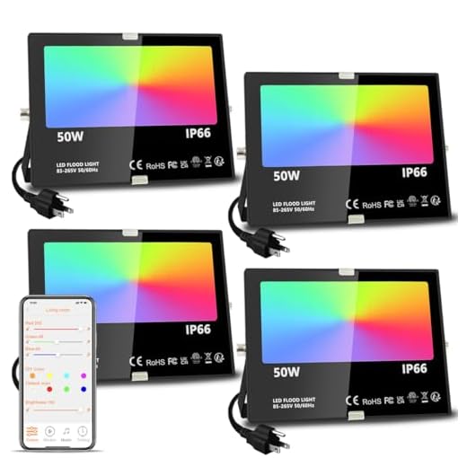MELPO LED Flood Light Outdoor, 500W Equivalent 5000LM Smart RGB Landscape Lighting with APP Control, DIY Scenes - Timing - Warm White 2700K - Color Changing Uplight, IP66 Waterproof US Plug (4 Pack)