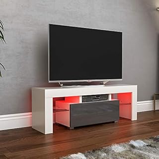 Vida Designs Luna LED TV Unit 1 Drawer Modern Gloss Matte MDF Living Room Cabinet Media Stand Furniture RGB Light White & Grey