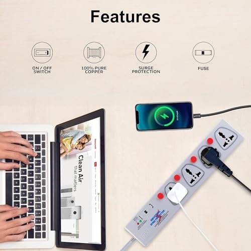 Image of MX Spike Protector Extension Board - 4 Universal Sockets Surge Protector with 5 m Cable, Individual Switches, Safety Shutters & Spike Guard for Home Appliances