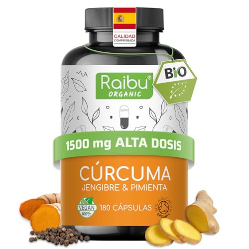 Curcuma en capsulas, 1500mg cúrcuma jengibre y pimienta negra - 180 cápsulas de cúrcuma veganas de alta resistencia - curcuma con pimienta negra, certificación ecológica, probada en laboratorio