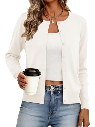 Bellcoco Cardigan Sweaters for Women Lightweight Crew Neck Button Down Long Sleeve Spring Summer Outfits Fashion Sweater 2026 White XL