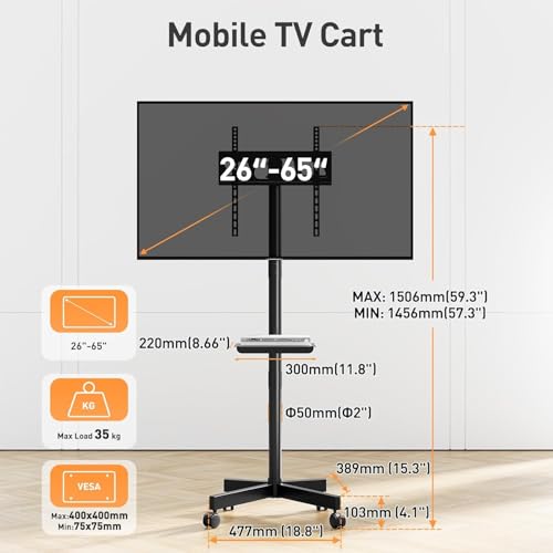 Image of 32 43 48 50 55 Inch Mobile TV Stand for Flat Screen TVs, with Tilt Adjustable Shelf & Locking Wheels, Rolling TV Floor Stand Max VESA 400x400mm, Portable TV Stand Holds Up to 77lbs.