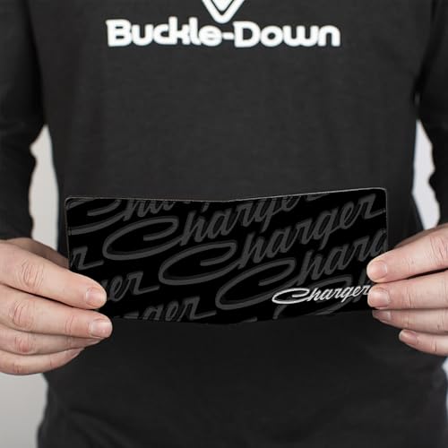 Buckle-Down Men's PU Bifold Wallet-Charger Script Emblem Repeat/Corner Black/Grays/White, Multicolor, 4.0" x 3.5"4