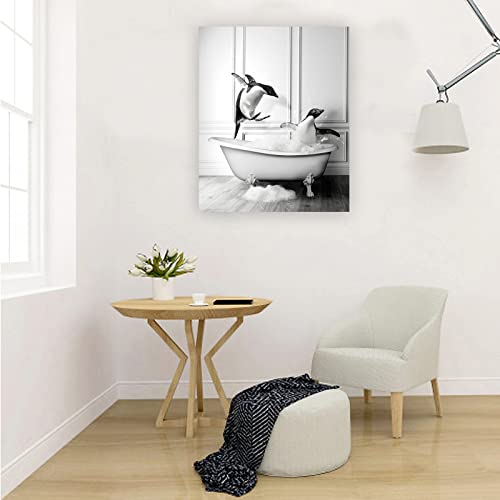 123 Life Penguin Bathroom Decor Wall Art Two Penguin Play In The Bathtub Canvas Artwork Poster Black And White Paintings Pictures For Bathroom Unframed (12X16In/30X40Cm) #TOP4