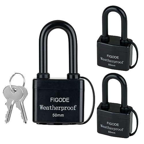 FIGODE® Outdoor Waterproof Padlocks, Covered Heavy Duty Laminated Steel Locks, Lock Set with Keys, 2.2 in. Wide, 3-Pack Keyed Alike Long Padlocks