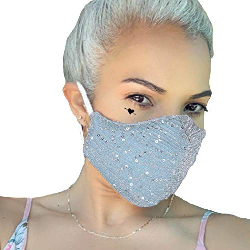 Yokawe Sparkle Sequin Face Cover Blue Cotton Dustproof Face Covering Glitter Masquerade Decoration for Women and Girls