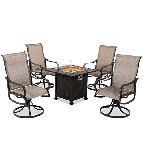 Vonzoy 5 Piece Outdoor Patio Furniture Set With 32" 50000Btu Propane Fire Pit Table, 4 Swivel Rocker Dining Chairs, Textilene Conversation Set - Metal Table #TOP12