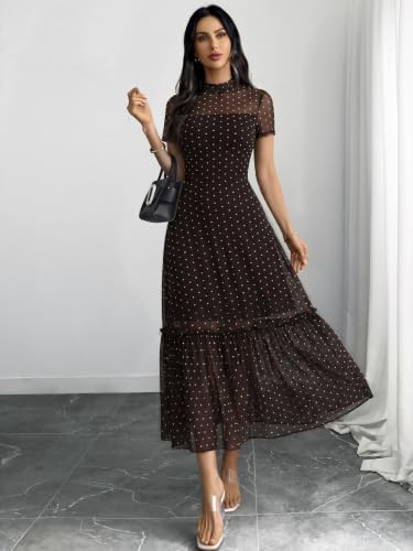 Image of GothDark Women's Summer Floral Mesh Ruffle Dress Short Sleeve Round Neck Waist Cinched Casual Maxi Wedding Guest Dresses