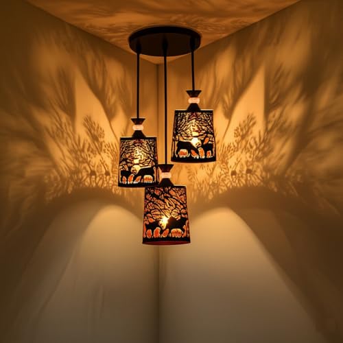 Image of Groeien 3-Light Industrial Black Finish Metal Crystal Hanging Pendant Ceiling Lamp Fixture | Chandelier for Home, Indoor, Outdoor,Living Room, Bedroom(Bulb not Included)(DeerShade3-Set)