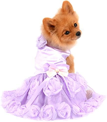 PAIDEFUL Pet Dress for Small Dog Girls Luxury Puppy Wedding Dress Rose Flower Lace Tutu Skirt Silky Bow Birthday Party Dog Clothes,Purple,Size M
