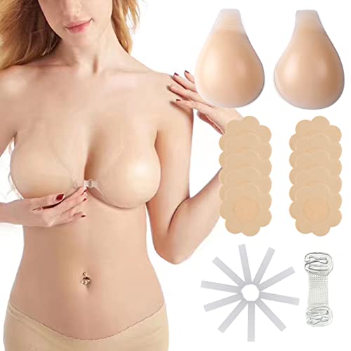 Cache Tetons Femme, Réutilisable Coque Soutien Gorge Adhesif Silicone Nipple Cover Silicone Cache Seins 4 Paires Invisible Pétale Cache Tétons et 10 Bande de Beauté de Mode Autocollant Femme