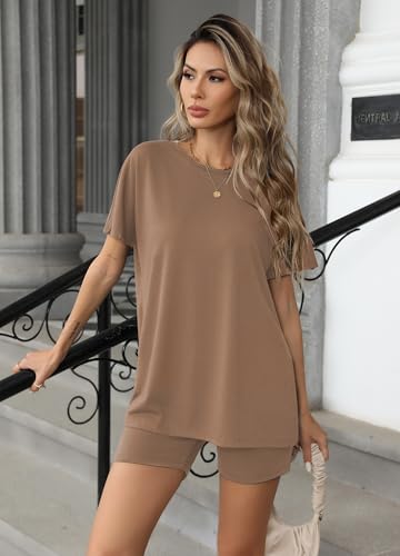 Image of Ekouaer Women's 2 Piece Lounge Set 2026 Summer Biker Shorts Set Outfits Short Sleeve Oversized Top Matching Tracksuit