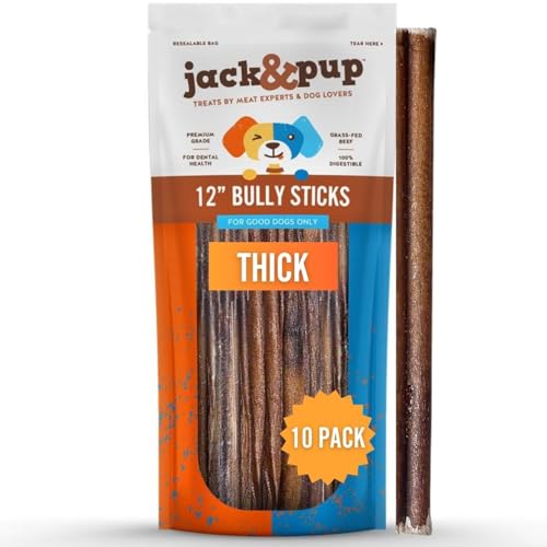 Jack&Pup 12 Inch Thick Bully Sticks for Large Dogs (12 Pack) Bully Sticks for Medium Dogs, Single Ingredient Dog Chew Sticks