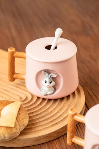 Image of DIHOclub Adorable 3D Ceramic Rabbit Mug with Lid and Spoon Perfect for Coffee, Tea, Milk, and More - Ideal Gift for Bunny Lovers - 14 Ounces (Pink)