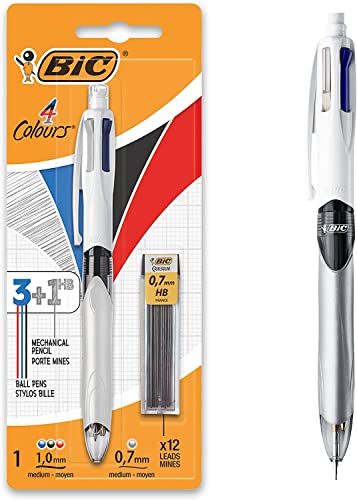 BIC 4 Farben Kugelschreiber Set 4 Colours 3+1HB mit Bleistift 1er Pack inkl. 12 Bleistiftminen Ideal für das Büro das Home Office oder die Schule