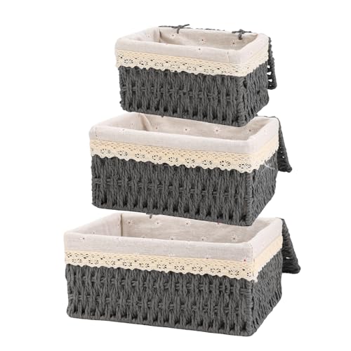Image of MEKOTRIN Set of 3 Storage Baskets with Lids, Paper Rope Woven Storage Baskets, Boho Decor Handmade Hamper Baskets with Removable Lining for Shelves Bathroom Bedroom Toys Cosmetics Storage, Grey