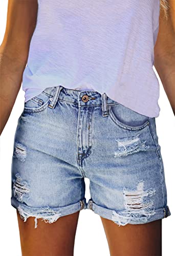 Sovoyontee Damen Hohe Taille Denim Kurze Hose Destroyed Sommer Kurz Jeans Ausgefranste Distressed Zerrissener Jeans Blau L