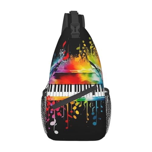 Bolso tipo sling colorido con diseño de teclado musical