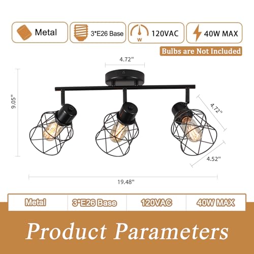 Image of 3 Lights Adjustable Multi-Directional Black Light Fixtures, Semi Flush Mount Ceiling Light, Kitchen Light Fixtures, Track Lighting Fixtures Metal Cage Industrial Spotlight Fixtures for Dining Room