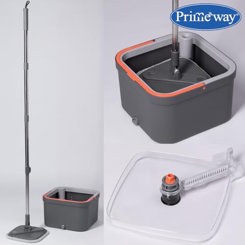 Image of Primeway Spin Mop & Bucket System | Dual Compartment Design for Clean & Dirty Water | 360 Swivel Mop Head | Built-in Scrubbing Brush, 128cm Hydraulic Handle & 22cm Sq Microfiber Pads | 3 LTR | Grey